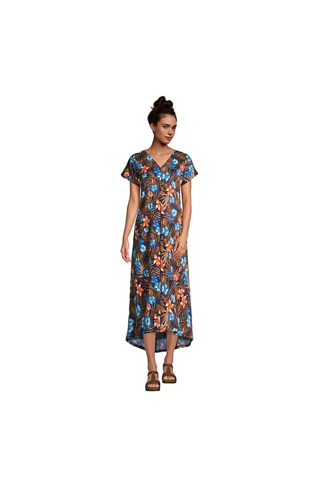 Lands039 End Dresses Women Crinkle Knit Short Sleeve High Low Midi Dress Deep Sea Navy Tropic Palm Lands039 End Dresses Women Crinkle Knit Short Sleeve High Low Midi Dress Deep Sea Navy Tropic Palm