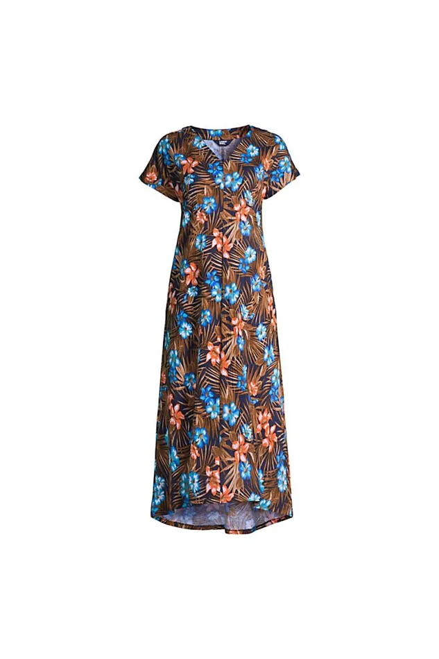 Lands039 End Dresses Women Crinkle Knit Short Sleeve High Low Midi Dress Deep Sea Navy Tropic Palm Lands039 End Dresses Women Crinkle Knit Short Sleeve High Low Midi Dress Deep Sea Navy Tropic Palm