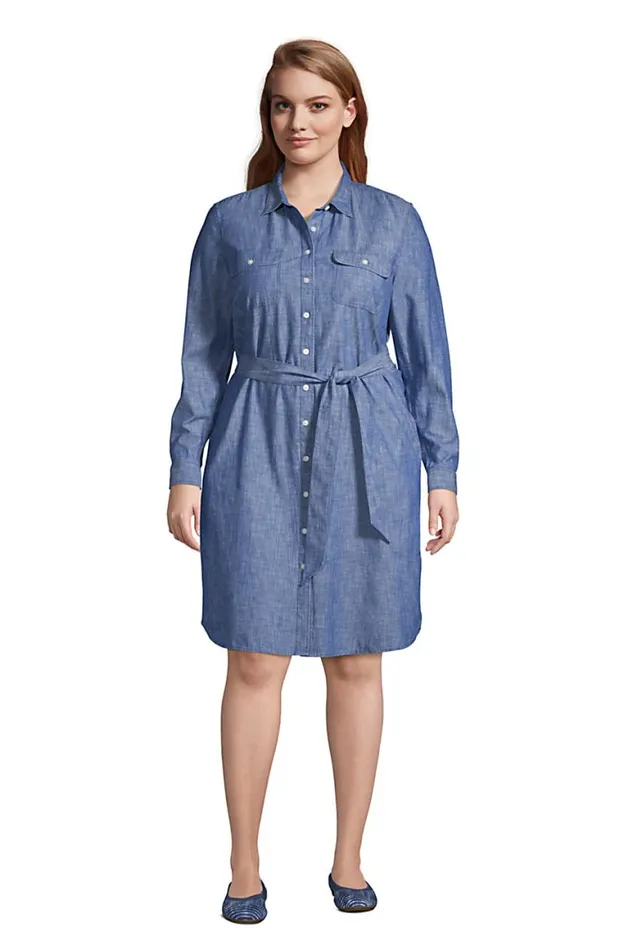 Lands039 End Dresses Women Plus Size Chambray Button Front Shirt Dress Soft Chambray