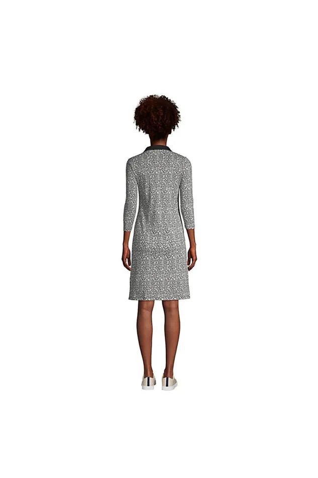Lands039 End Dresses Women Supima Cotton 34 Sleeve Polo Dress Black Floral Mix