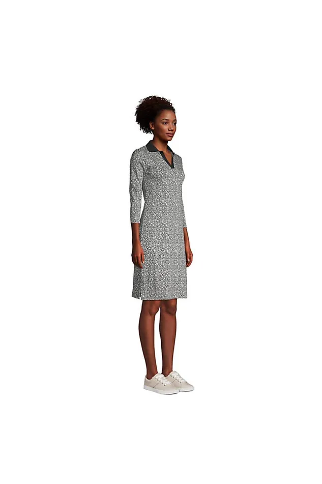 Lands039 End Dresses Women Supima Cotton 34 Sleeve Polo Dress Black Floral Mix