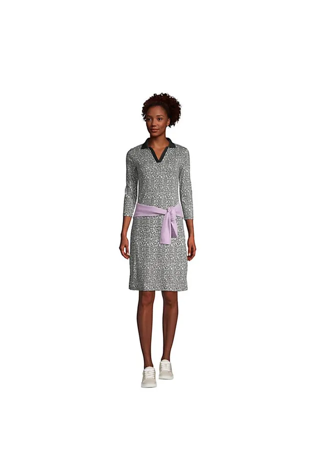 Lands039 End Dresses Women Supima Cotton 34 Sleeve Polo Dress Black Floral Mix