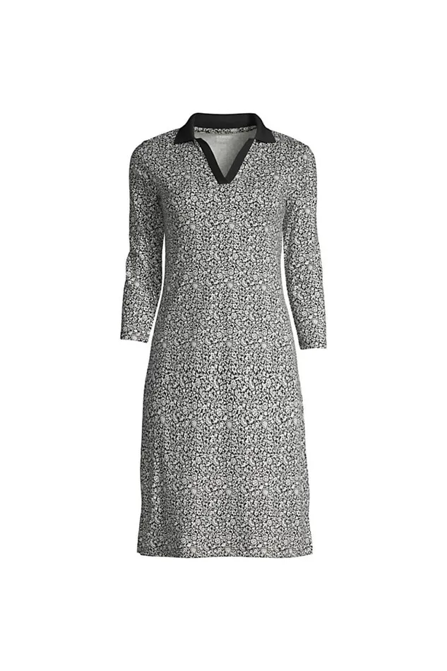 Lands039 End Dresses Women Supima Cotton 34 Sleeve Polo Dress Black Floral Mix