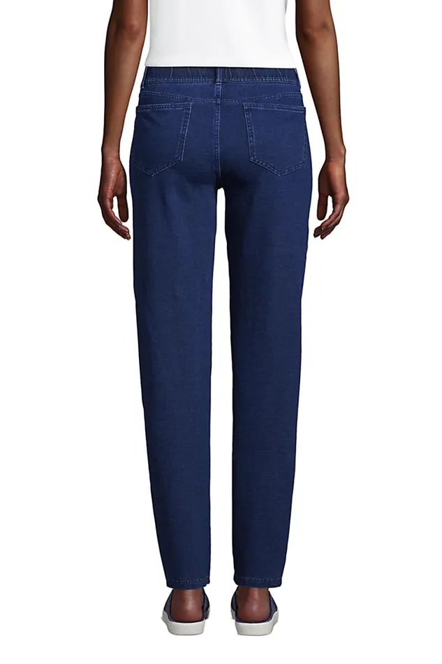 Lands039 End Jeans Women Starfish Elastic Waist Knit Jeans Straight Leg Mid Rise Indigo