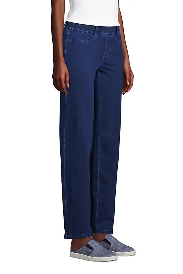 Lands039 End Jeans Women Starfish Elastic Waist Knit Jeans Straight Leg Mid Rise Indigo