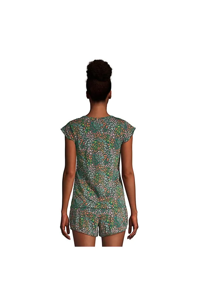 Lands039 End Pajamas and Robes Women Comfort Knit Built In Shelf Bra Henley Pajama Top Forest Moss Mini Floral