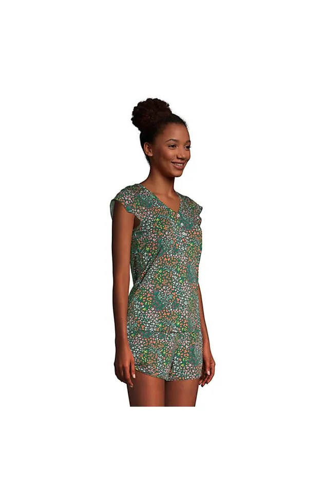 Lands039 End Pajamas and Robes Women Comfort Knit Built In Shelf Bra Henley Pajama Top Forest Moss Mini Floral