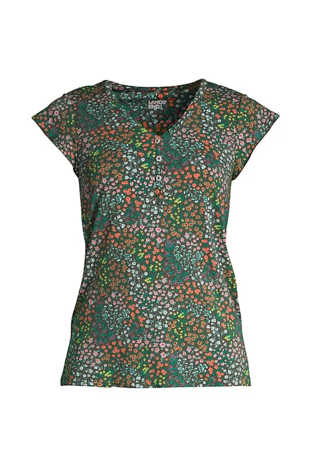 Lands039 End Pajamas and Robes Women Comfort Knit Built In Shelf Bra Henley Pajama Top Forest Moss Mini Floral