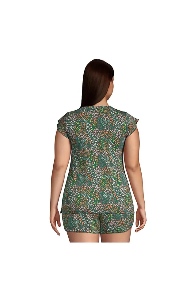 Lands039 End Pajamas and Robes Women Plus Size Comfort Knit Built In Shelf Bra Henley Pajama Top Forest Moss Mini Floral