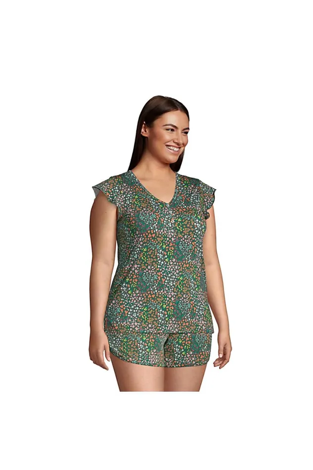 Lands039 End Pajamas and Robes Women Plus Size Comfort Knit Built In Shelf Bra Henley Pajama Top Forest Moss Mini Floral