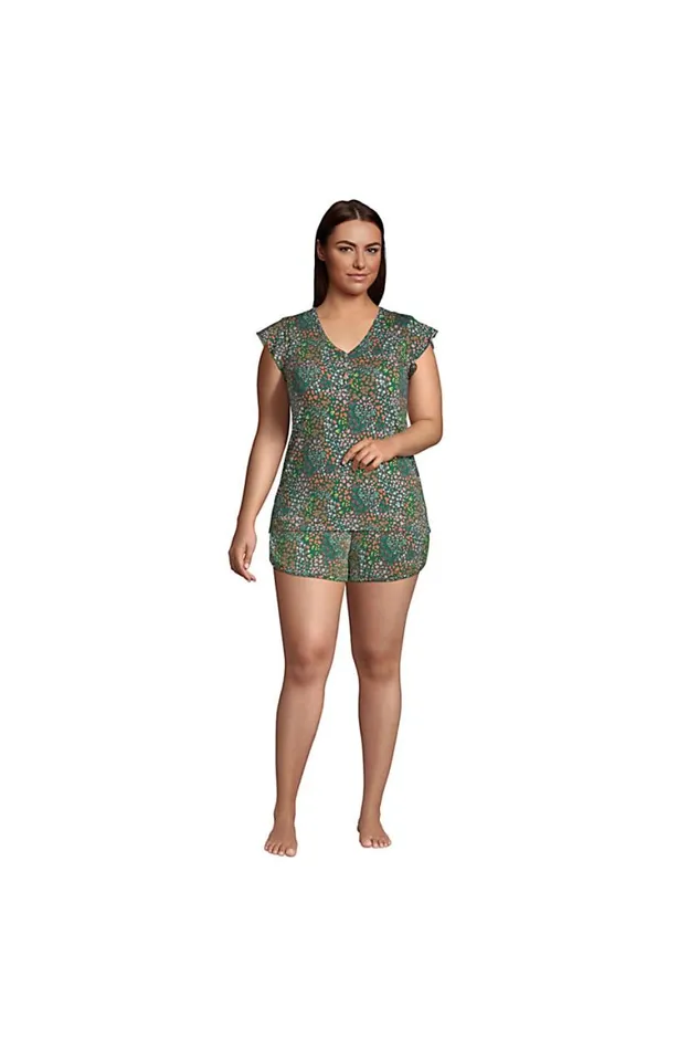 Lands039 End Pajamas and Robes Women Plus Size Comfort Knit Built In Shelf Bra Henley Pajama Top Forest Moss Mini Floral