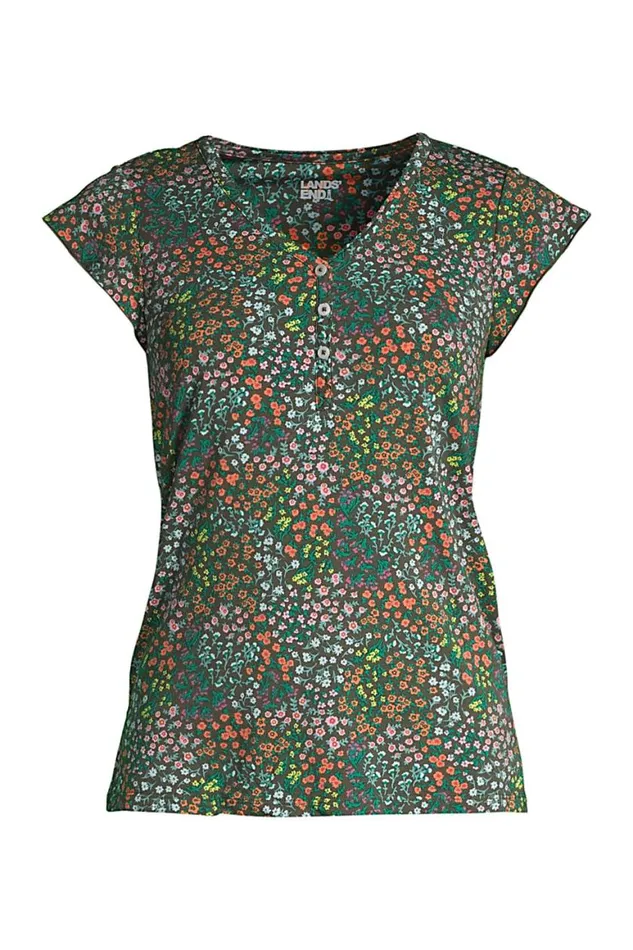 Lands039 End Pajamas and Robes Women Plus Size Comfort Knit Built In Shelf Bra Henley Pajama Top Forest Moss Mini Floral