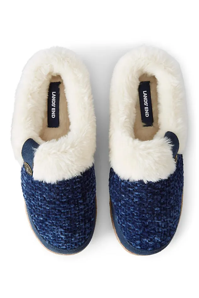 Lands039 End Shoes Women Knit Fuzzy Clog Slippers Deep Sea Navy Chenille