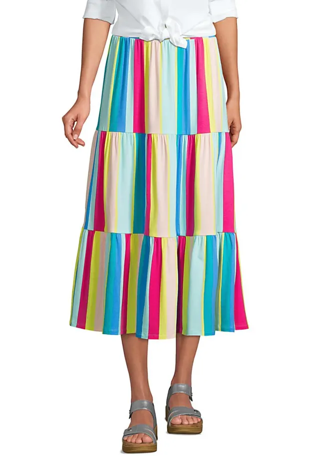 Lands039 End Skirts and Skorts Women Knit Tiered Midi Skirt Multi Rainbow Stripe Lands039 End Skirts and Skorts Women Knit Tiered Midi Skirt Multi Rainbow Stripe
