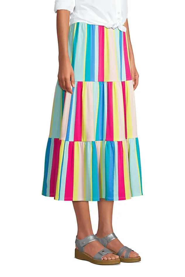 Lands039 End Skirts and Skorts Women Knit Tiered Midi Skirt Multi Rainbow Stripe Lands039 End Skirts and Skorts Women Knit Tiered Midi Skirt Multi Rainbow Stripe