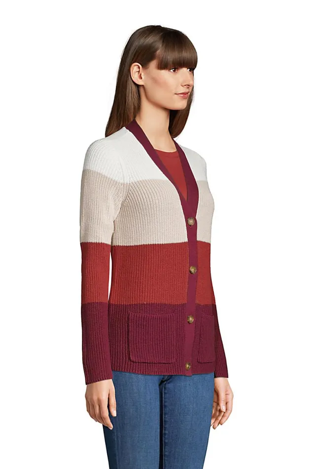 Lands039 End Sweaters Women Cotton Drifter Cardigan Colorblock Sweater Rich Burgundy Colorblock