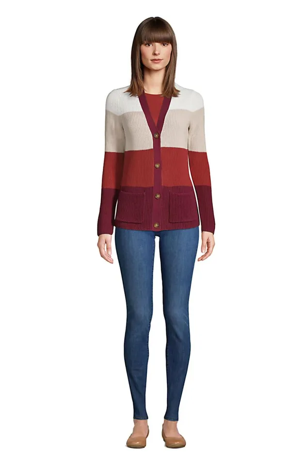 Lands039 End Sweaters Women Cotton Drifter Cardigan Colorblock Sweater Rich Burgundy Colorblock