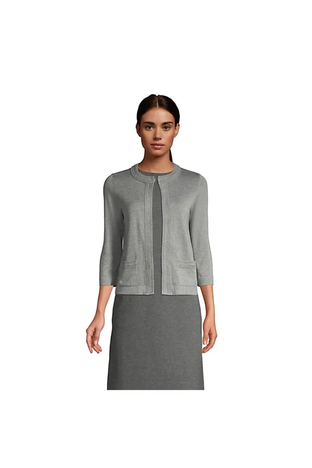 Lands039 End Sweaters Women Cotton Modal 34 Sleeve Novelty Stitch Trim Cardigan Sweater Pewter Heather