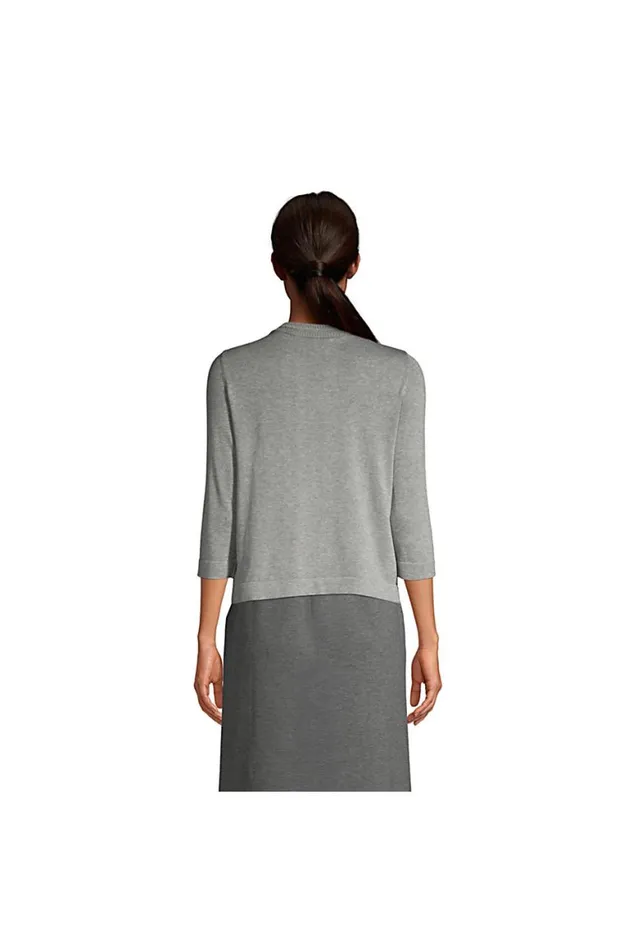 Lands039 End Sweaters Women Cotton Modal 34 Sleeve Novelty Stitch Trim Cardigan Sweater Pewter Heather