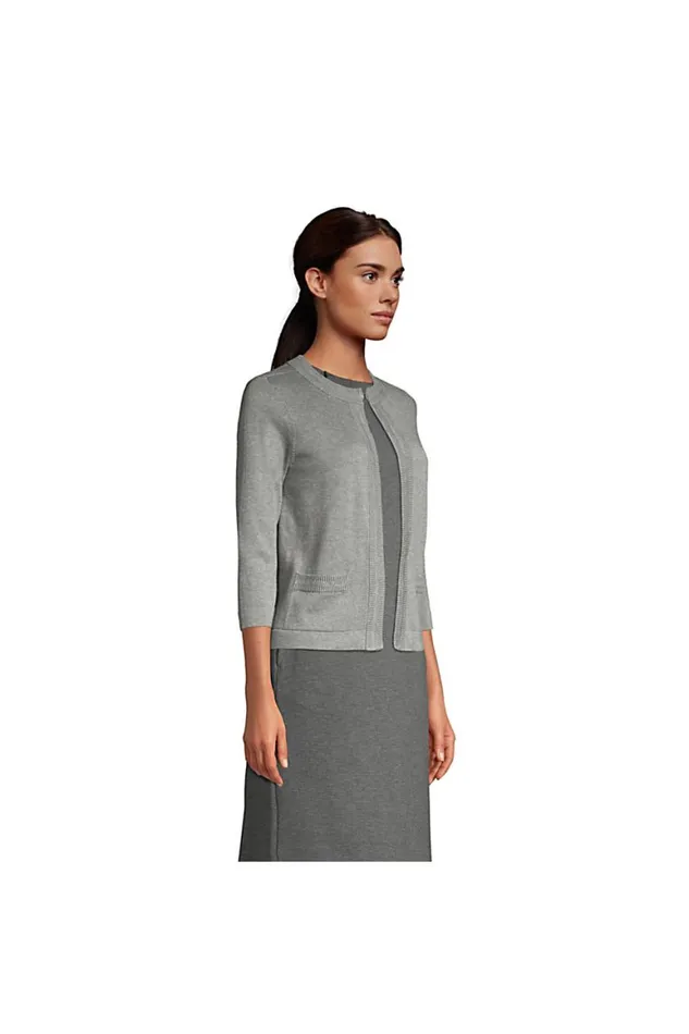 Lands039 End Sweaters Women Cotton Modal 34 Sleeve Novelty Stitch Trim Cardigan Sweater Pewter Heather