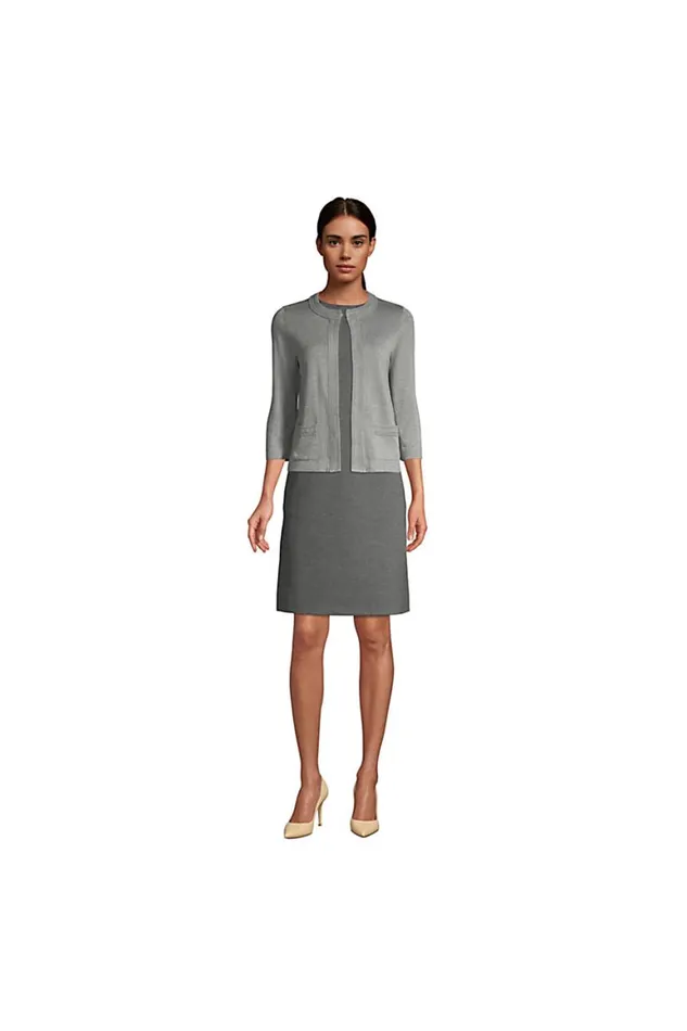 Lands039 End Sweaters Women Cotton Modal 34 Sleeve Novelty Stitch Trim Cardigan Sweater Pewter Heather