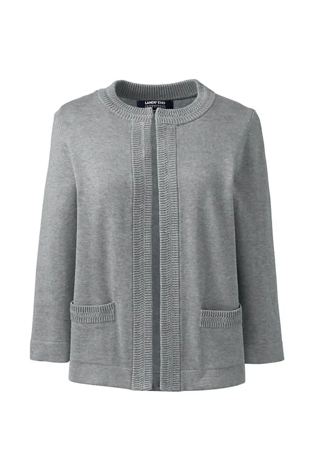 Lands039 End Sweaters Women Cotton Modal 34 Sleeve Novelty Stitch Trim Cardigan Sweater Pewter Heather