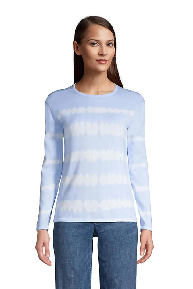 Lands039 End Sweaters Women Fine Gauge Cotton Crewneck Sweater Light Sky Blue Tie Dye Stripe