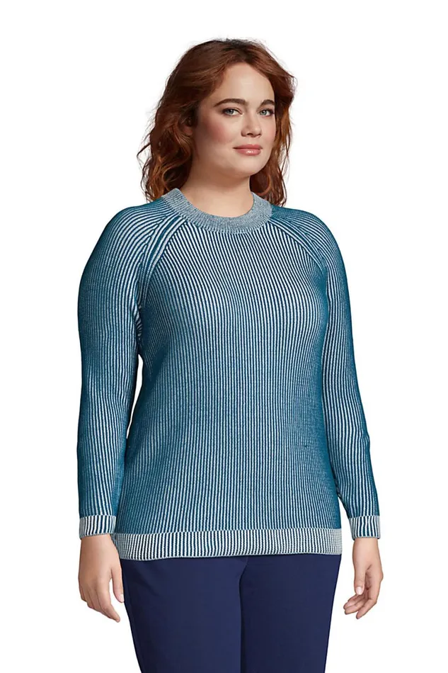 Lands039 End Sweaters Women Plus Size Cotton Drifter Shaker Doubled Crew Neck Sweater Baltic Teal Plaited