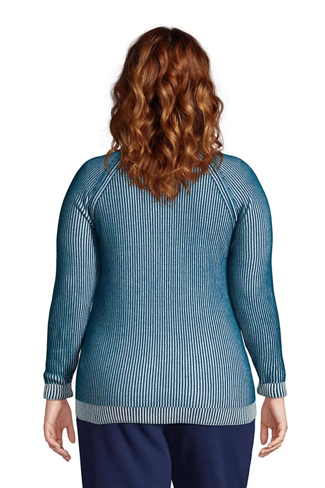 Lands039 End Sweaters Women Plus Size Cotton Drifter Shaker Doubled Crew Neck Sweater Baltic Teal Plaited