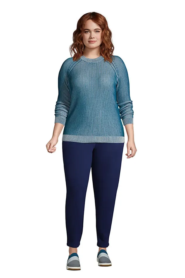 Lands039 End Sweaters Women Plus Size Cotton Drifter Shaker Doubled Crew Neck Sweater Baltic Teal Plaited