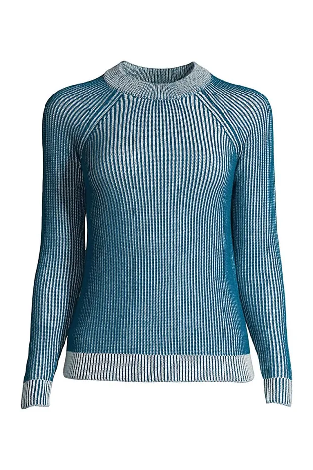 Lands039 End Sweaters Women Plus Size Cotton Drifter Shaker Doubled Crew Neck Sweater Baltic Teal Plaited