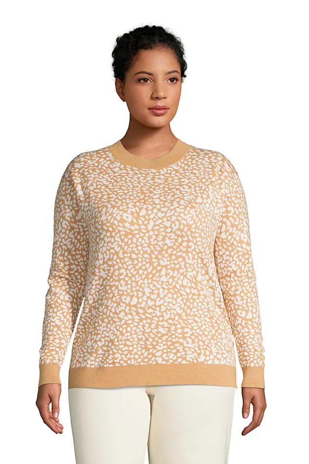 Lands039 End Sweaters Women Plus Size Fine Gauge Cotton Crewneck Sweater 8211 Jacquard Vicuna Heather Leopard Lands039 End Sweaters Women Plus Size Fine Gauge Cotton Crewneck Sweater 8211 Jacquard Vicuna Heather Leopard