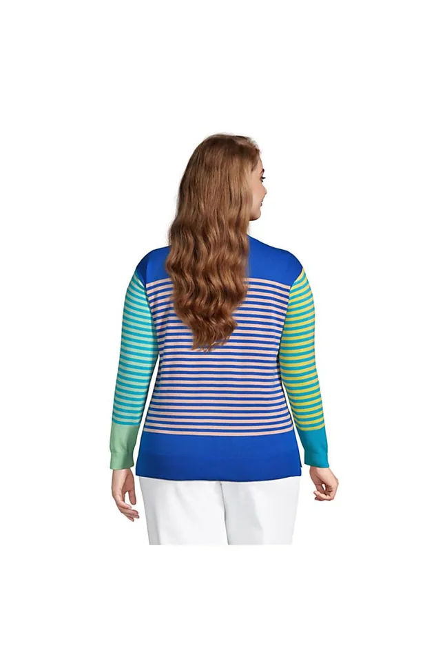 Lands039 End Sweaters Women Plus Size Fine Gauge Cotton Crewneck Sweater 8211 Stripe Hot Pink Stripe