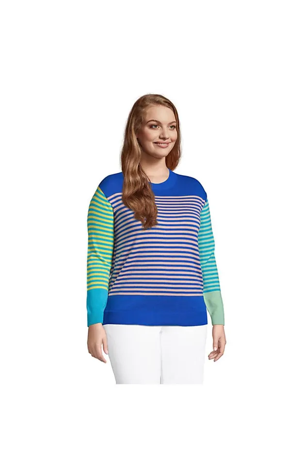 Lands039 End Sweaters Women Plus Size Fine Gauge Cotton Crewneck Sweater 8211 Stripe Hot Pink Stripe