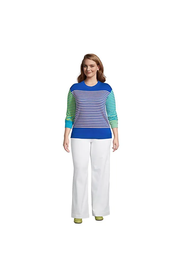 Lands039 End Sweaters Women Plus Size Fine Gauge Cotton Crewneck Sweater 8211 Stripe Hot Pink Stripe
