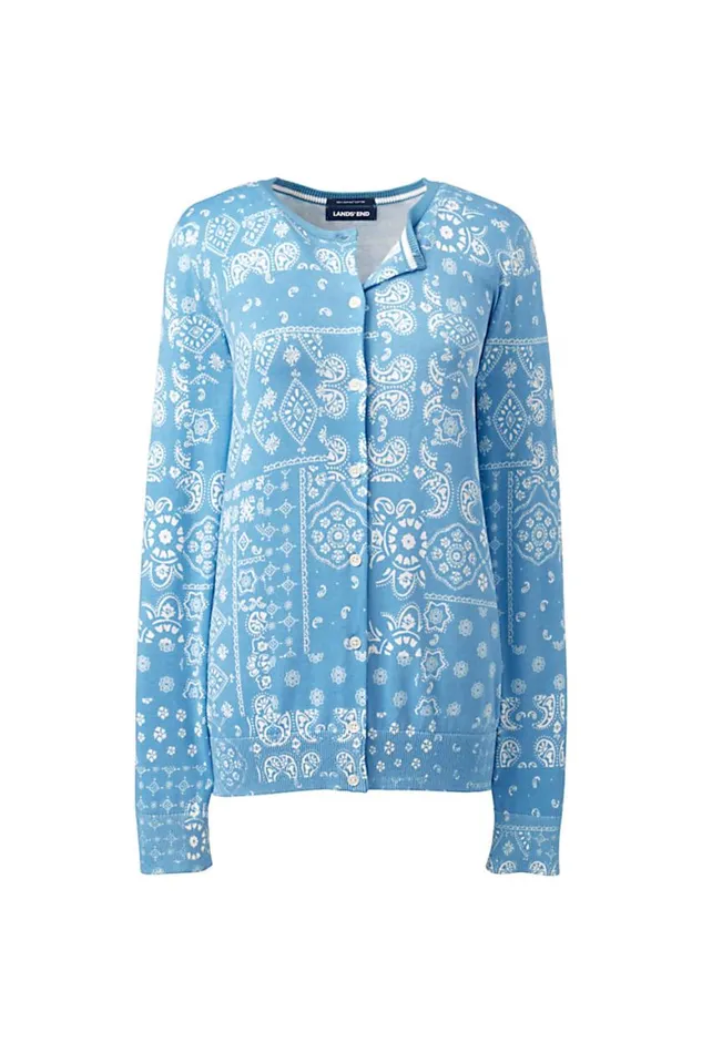 Lands039 End Sweaters Women Supima Cotton Cardigan Sweater 8211 Print Blue Solitude Patchwork