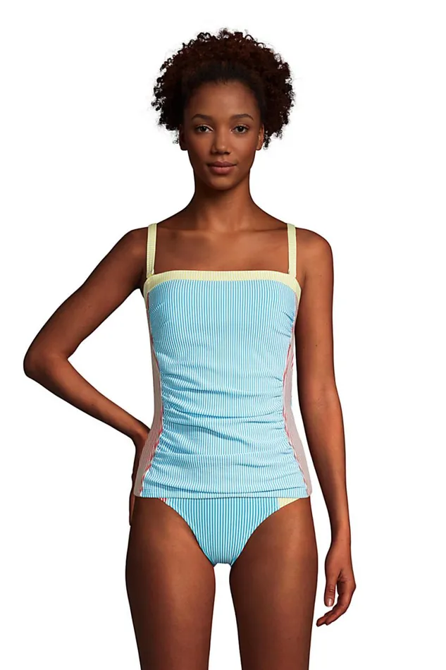 Lands039 End Swimsuits Women Chlorine Resistant Bandeau Tankini Top Swimsuit Removable Adjustable Straps Seersucker Turquoise