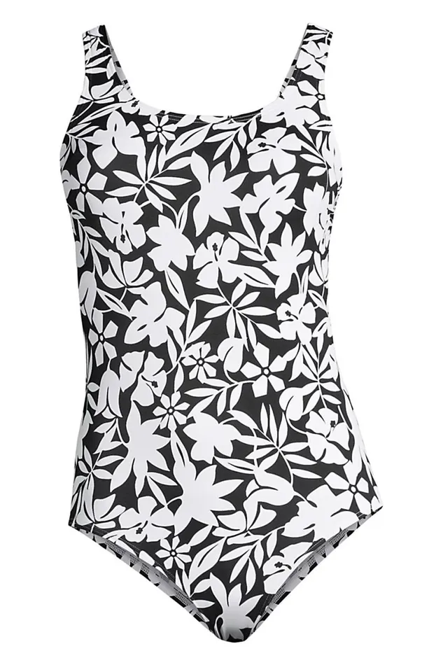 Lands039 End Swimsuits Women Chlorine Resistant Scoop Neck High Leg Soft Cup Tugless Sporty One Piece Swimsuit Black Havana Floral Lands039 End Swimsuits Women Chlorine Resistant Scoop Neck High Leg Soft Cup Tugless Sporty One Piece Swimsuit Black Havana Floral