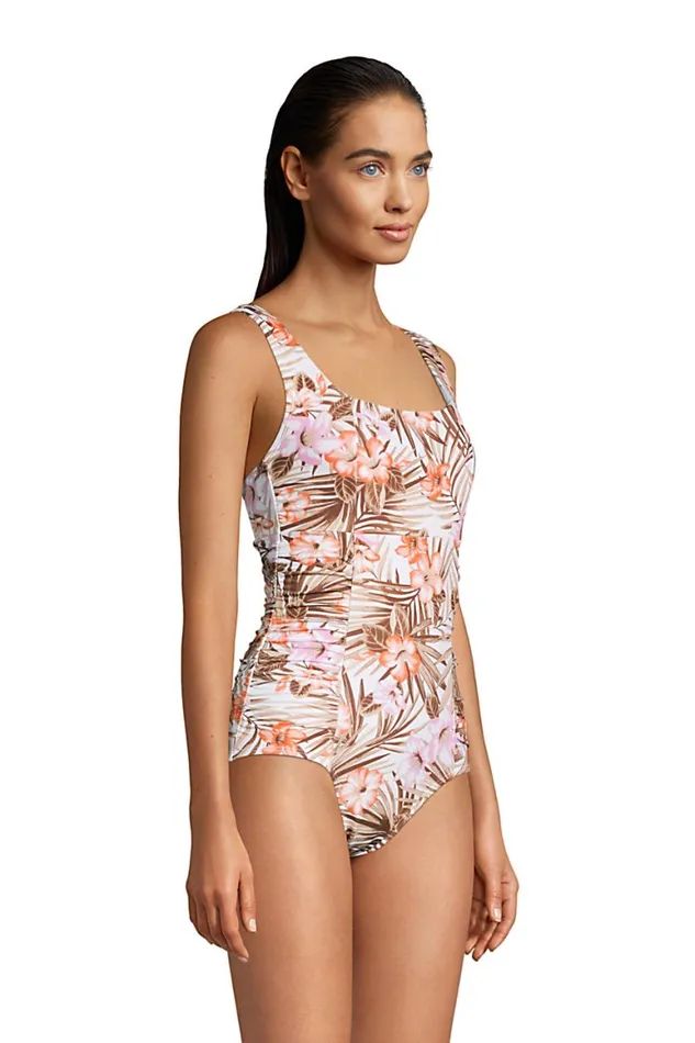 Lands039 End Swimsuits Women Chlorine Resistant Square Neck Rouched One Piece Swimsuit White Tropic Palm Lands039 End Swimsuits Women Chlorine Resistant Square Neck Rouched One Piece Swimsuit White Tropic Palm