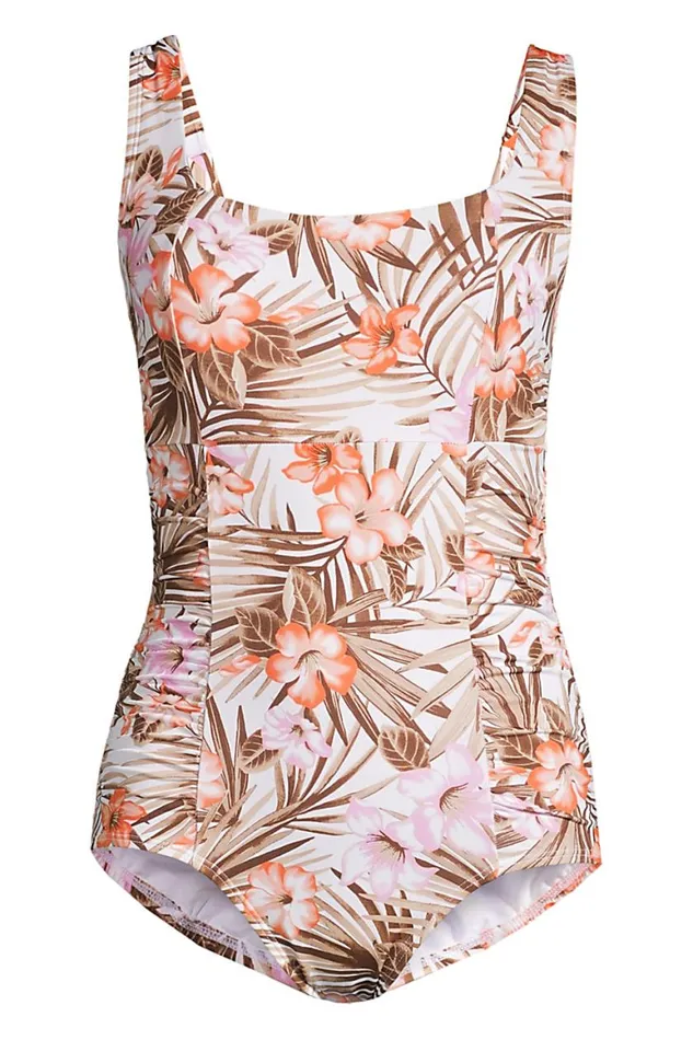 Lands039 End Swimsuits Women Chlorine Resistant Square Neck Rouched One Piece Swimsuit White Tropic Palm Lands039 End Swimsuits Women Chlorine Resistant Square Neck Rouched One Piece Swimsuit White Tropic Palm