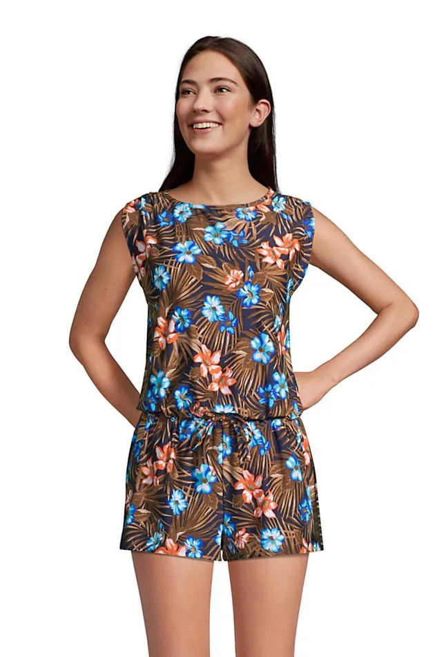 Lands039 End Swimsuits Women Chlorine Resistant Tummy Control High Neck Romper One Piece Swimsuit Deep Sea Navy Tropic Palm Lands039 End Swimsuits Women Chlorine Resistant Tummy Control High Neck Romper One Piece Swimsuit Deep Sea Navy Tropic Palm