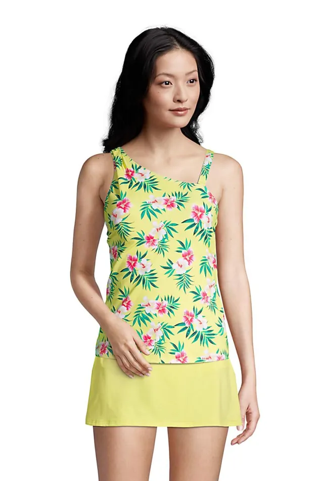 Lands039 End Swimsuits Women Chlorine Resistant Tummy Control One Shoulder Tankini Top Swimsuit With Adjustable Strap Pineapple Bliss Hibiscus Flora