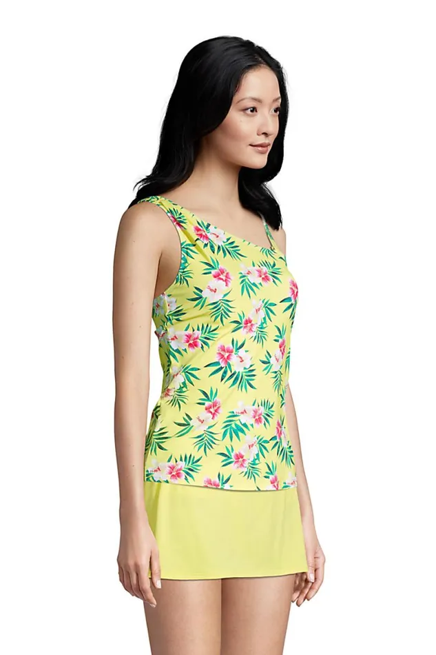Lands039 End Swimsuits Women Chlorine Resistant Tummy Control One Shoulder Tankini Top Swimsuit With Adjustable Strap Pineapple Bliss Hibiscus Flora