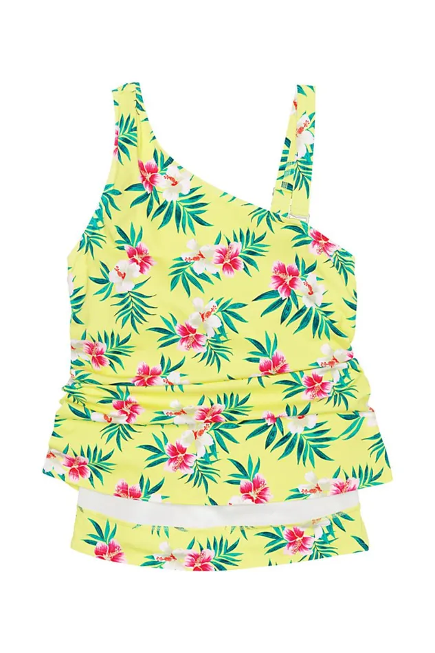 Lands039 End Swimsuits Women Chlorine Resistant Tummy Control One Shoulder Tankini Top Swimsuit With Adjustable Strap Pineapple Bliss Hibiscus Flora