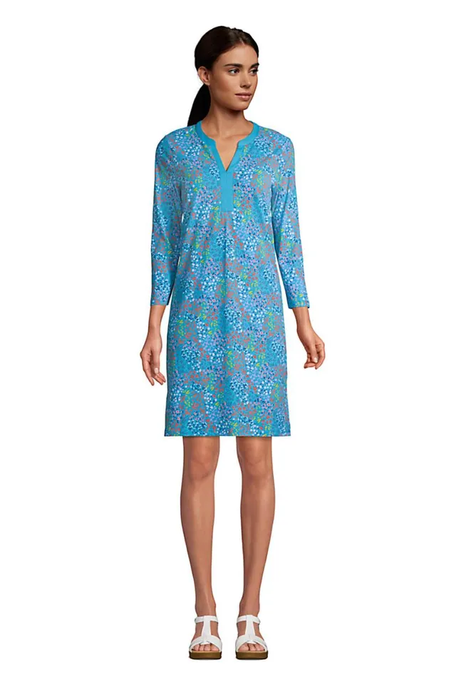 Lands039 End Swimsuits Women Cotton Jersey Vneck 34 Sleeve Swim Coverup Dress Turquoise Mini Floral