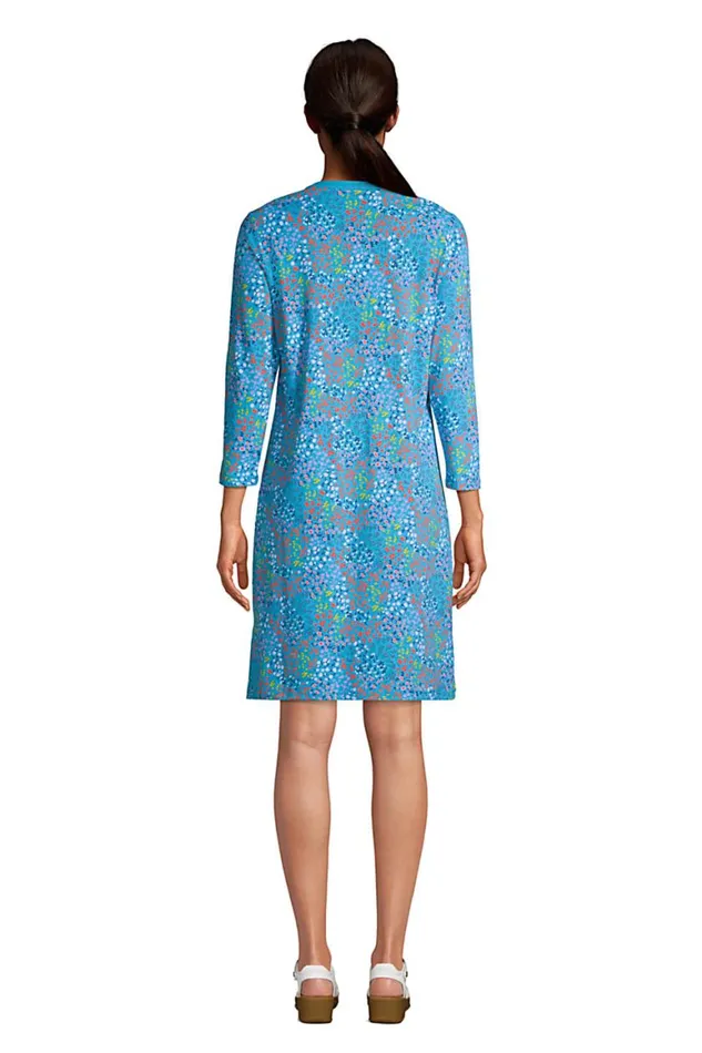 Lands039 End Swimsuits Women Cotton Jersey Vneck 34 Sleeve Swim Coverup Dress Turquoise Mini Floral