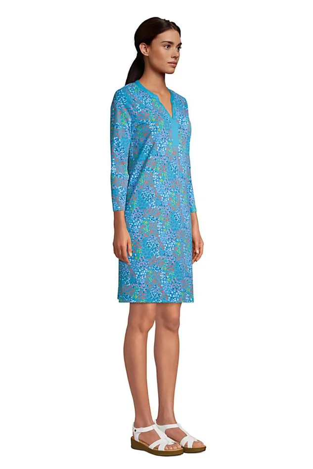 Lands039 End Swimsuits Women Cotton Jersey Vneck 34 Sleeve Swim Coverup Dress Turquoise Mini Floral