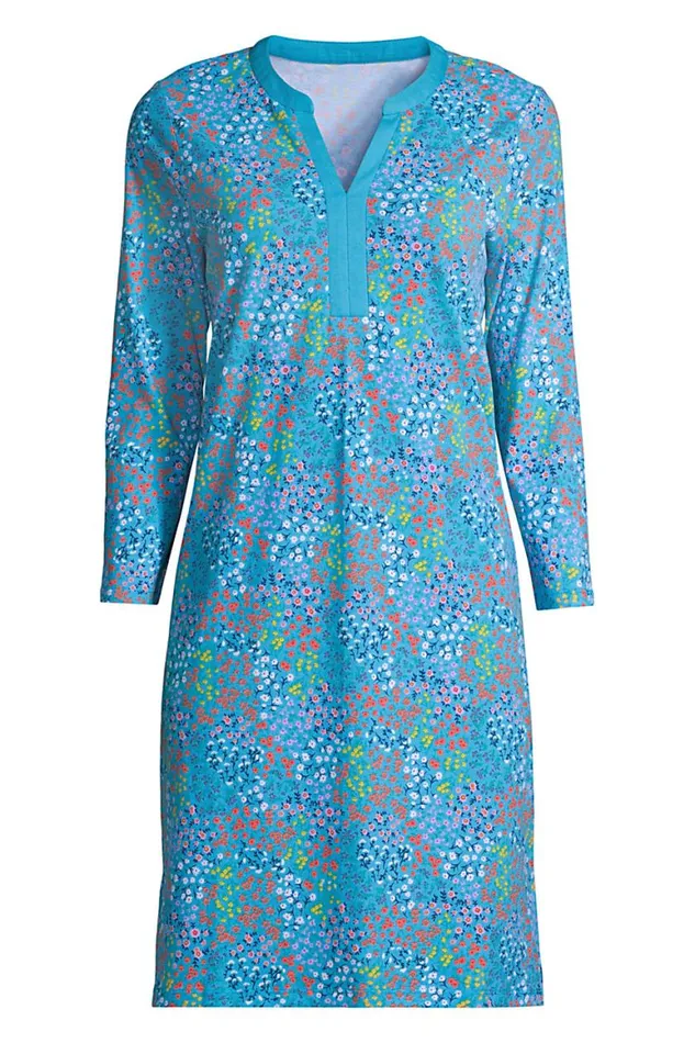 Lands039 End Swimsuits Women Cotton Jersey Vneck 34 Sleeve Swim Coverup Dress Turquoise Mini Floral
