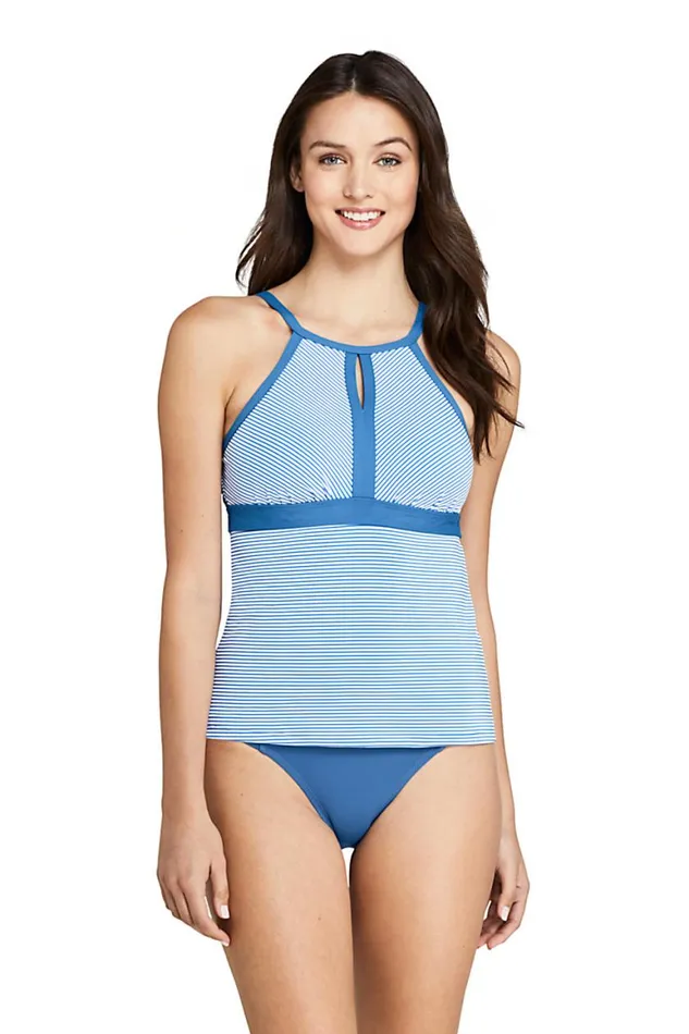 Lands039 End Swimsuits Women Keyhole High Neck Modest Tankini Top Swimsuit Adjustable Straps Seersucker Stripe Tropic Blue Lands039 End Swimsuits Women Keyhole High Neck Modest Tankini Top Swimsuit Adjustable Straps Seersucker Stripe Tropic Blue