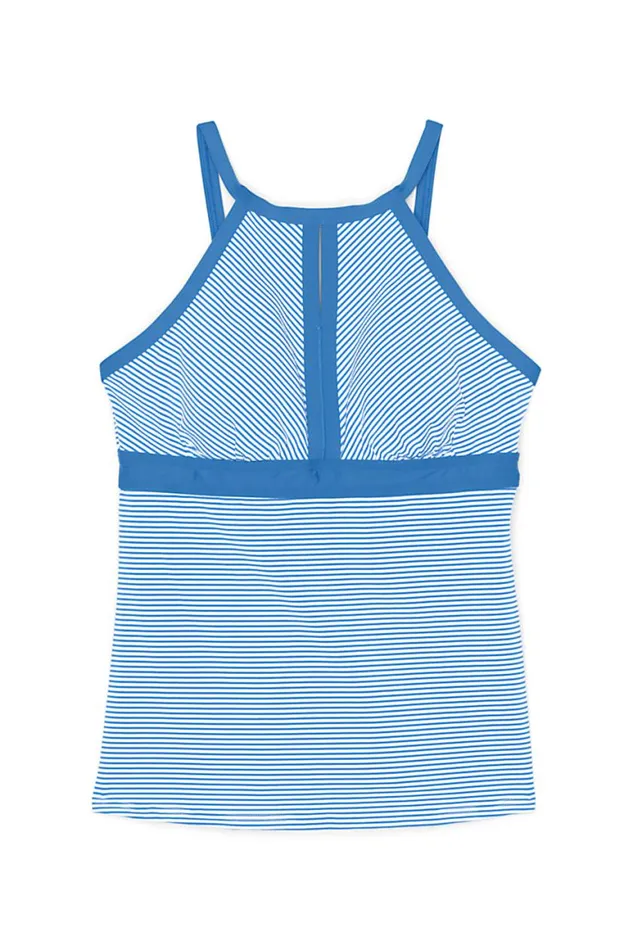 Lands039 End Swimsuits Women Keyhole High Neck Modest Tankini Top Swimsuit Adjustable Straps Seersucker Stripe Tropic Blue Lands039 End Swimsuits Women Keyhole High Neck Modest Tankini Top Swimsuit Adjustable Straps Seersucker Stripe Tropic Blue